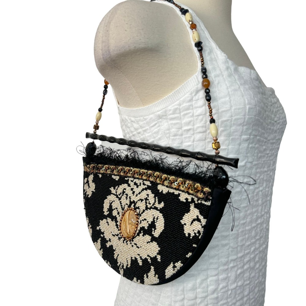 Mary Frances Fully Beaded Semi-Circle Clutch Bag Feather Trim Wood Handle